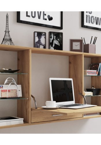 Teala skrivebord til vggen, m. hylder - natur tr