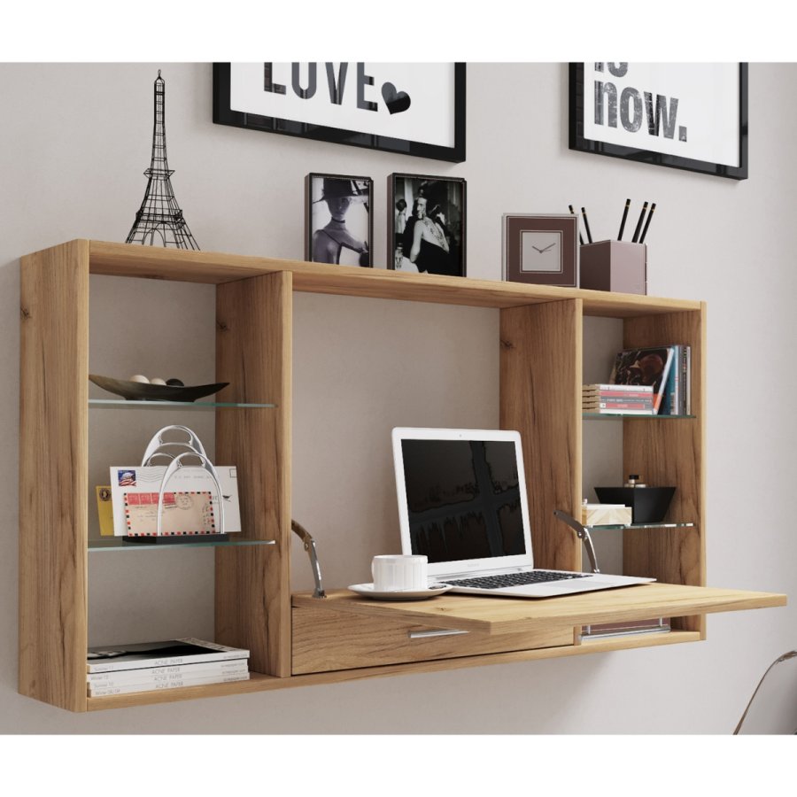 Teala skrivebord til vggen, m. hylder - natur tr