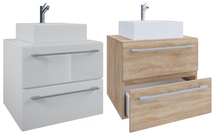 VCM NORDIC Badinos II 60 cm 2-teilige Spüle, mit Keramikwaschbecken, 2 Schubladen - Melamin weiß