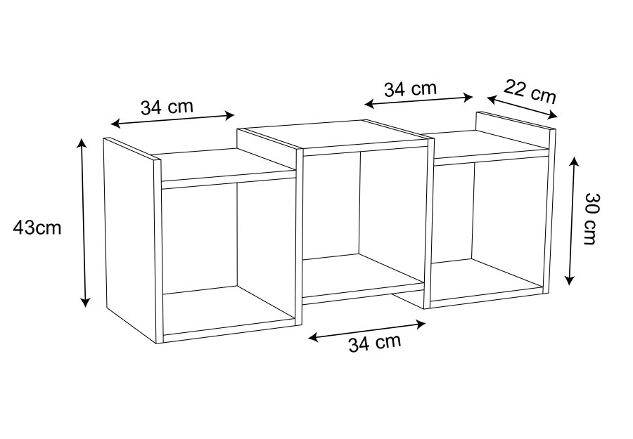 VCM NORDIC Trilas vegghylle, m. 3 rom - hvitt tre