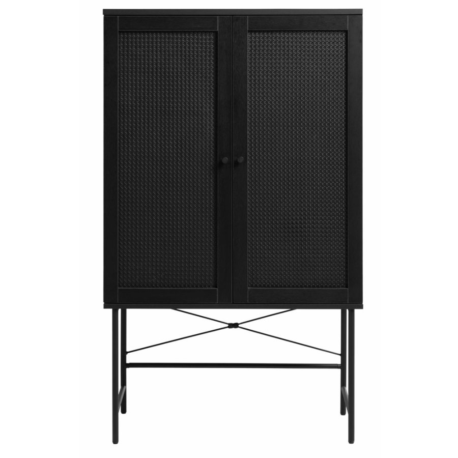 Exquisiter Schrank mit 2 Türen und 2 Einlegeböden – schwarzes Polyrattan und schwarzes Melamin