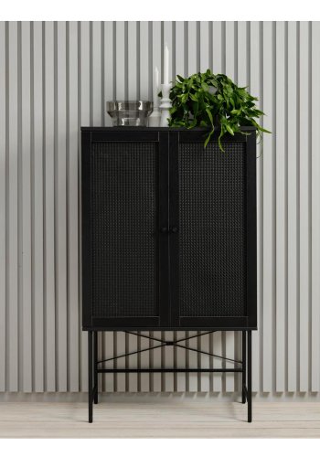 Exquisiter Schrank mit 2 Türen und 2 Einlegeböden – schwarzes Polyrattan und schwarzes Melamin