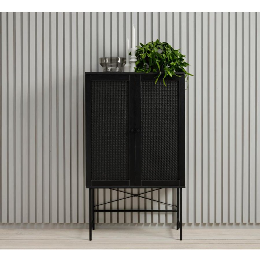 Exquisiter Schrank mit 2 Türen und 2 Einlegeböden – schwarzes Polyrattan und schwarzes Melamin