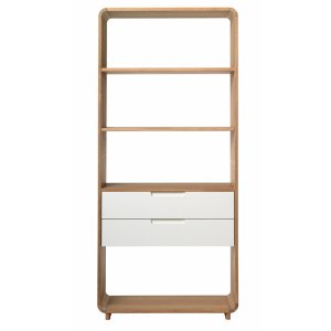 Grandeur reol, m. 2 skuffer - hvid MDF og hvidolieret egfinér/eg(H:194cm x82cm x 30cm)