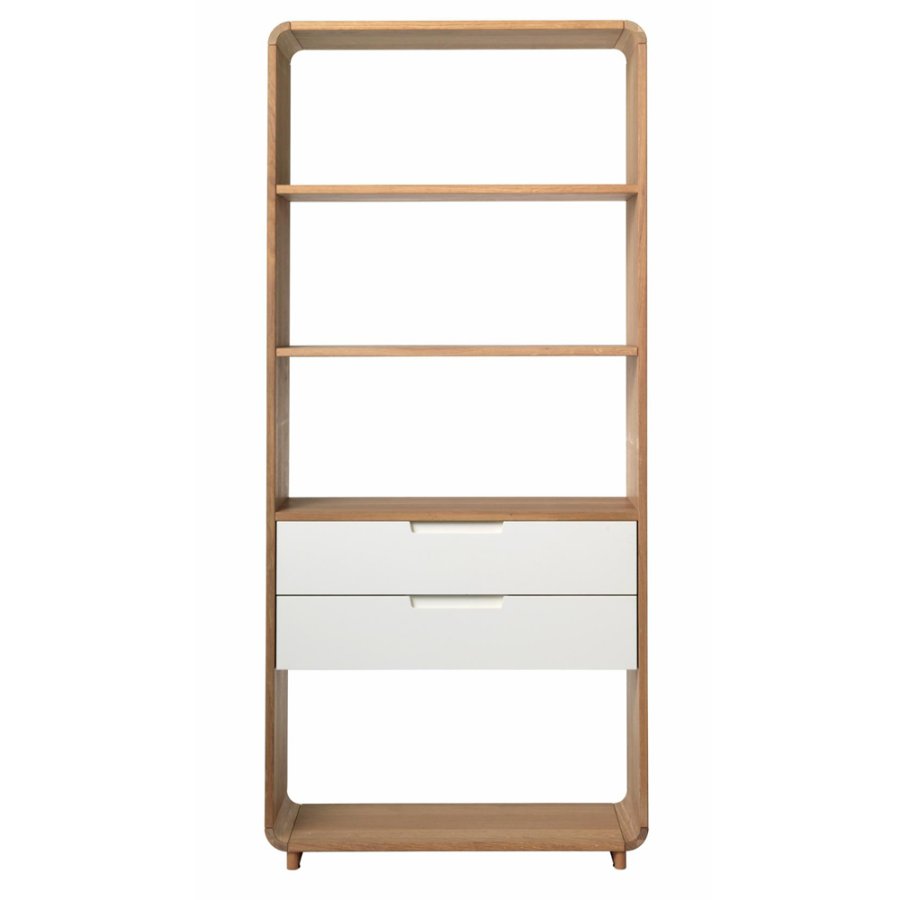 Grandeur reol, m. 2 skuffer - hvit MDF og hvitoljet eikefiner/eik (H:194cm x82cm x 30cm)