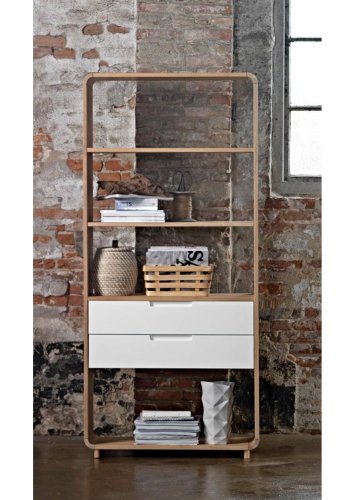 Grandeur reol, m. 2 skuffer - hvit MDF og hvitoljet eikefiner/eik (H:194cm x82cm x 30cm)