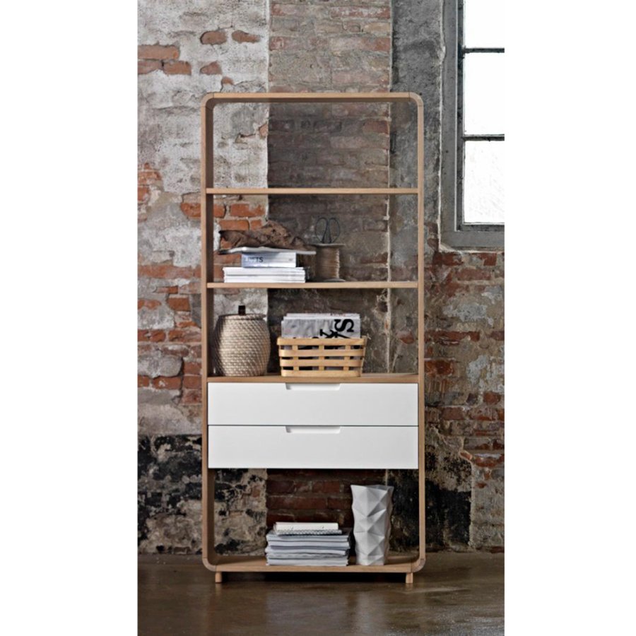 Grandeur reol, m. 2 skuffer - hvit MDF og hvitoljet eikefiner/eik (H:194cm x82cm x 30cm)