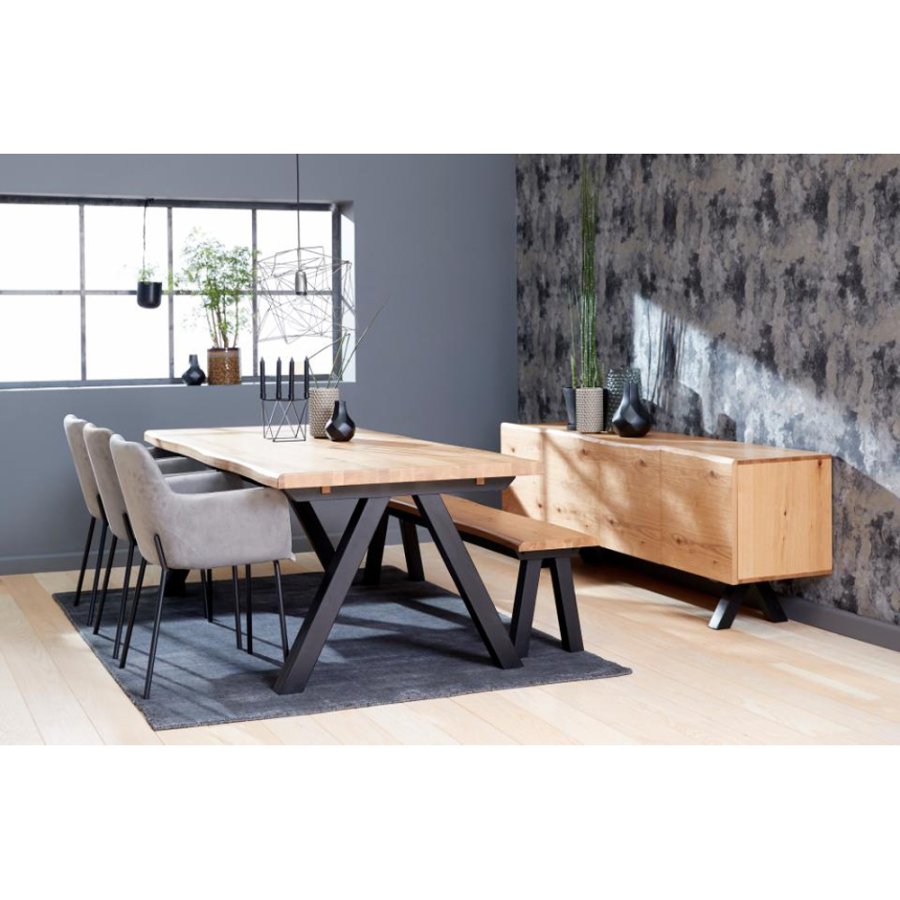 Velvet bnk, m. blget kant - natur vild eg og sort metal (180x34)