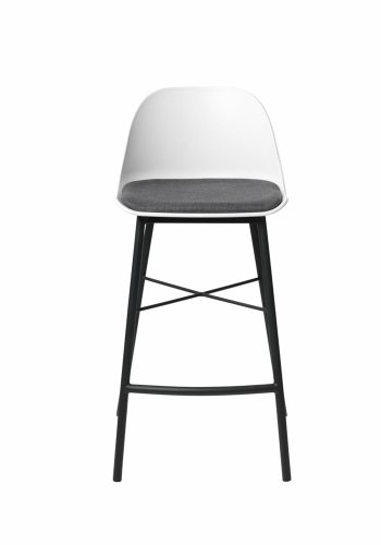 Thekenstuhl Zeni, mit Rückenlehne und Fußstütze – weißes Polypropylen und schwarzes Metall