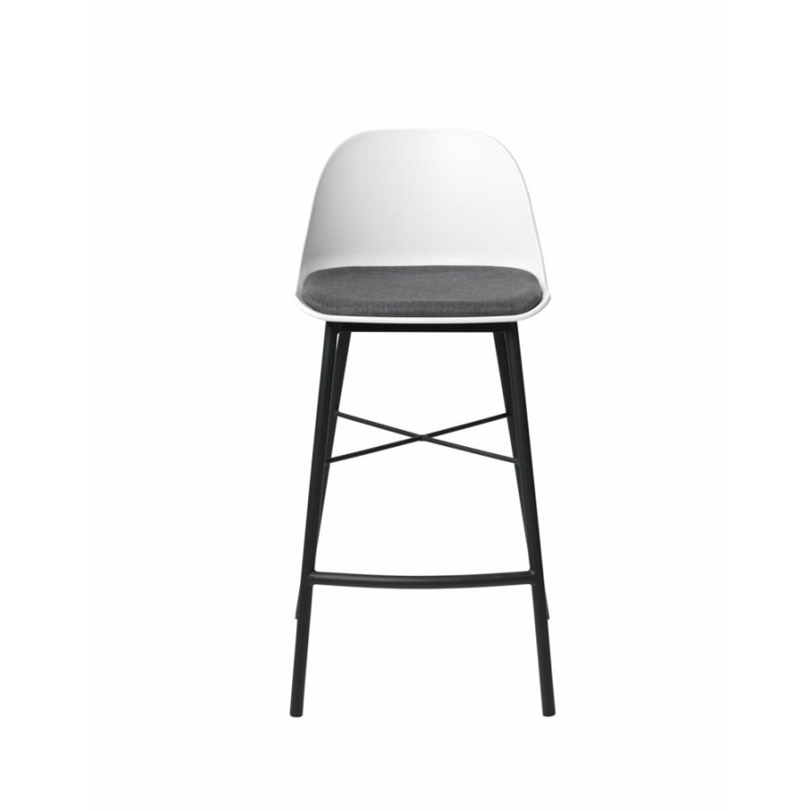 Thekenstuhl Zeni, mit Rückenlehne und Fußstütze – weißes Polypropylen und schwarzes Metall