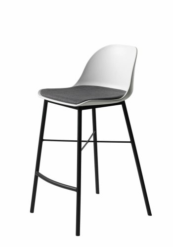 Thekenstuhl Zeni, mit Rückenlehne und Fußstütze – weißes Polypropylen und schwarzes Metall