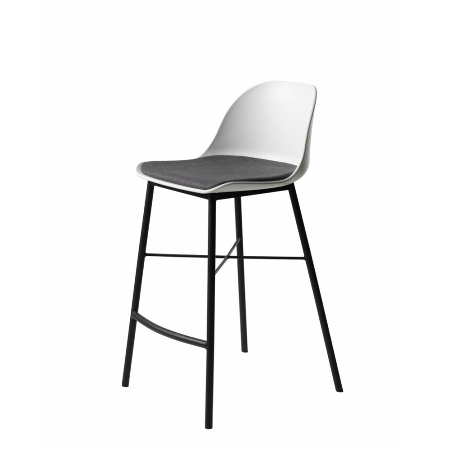 Thekenstuhl Zeni, mit Rückenlehne und Fußstütze – weißes Polypropylen und schwarzes Metall