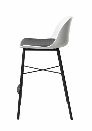 Thekenstuhl Zeni, mit Rückenlehne und Fußstütze – weißes Polypropylen und schwarzes Metall