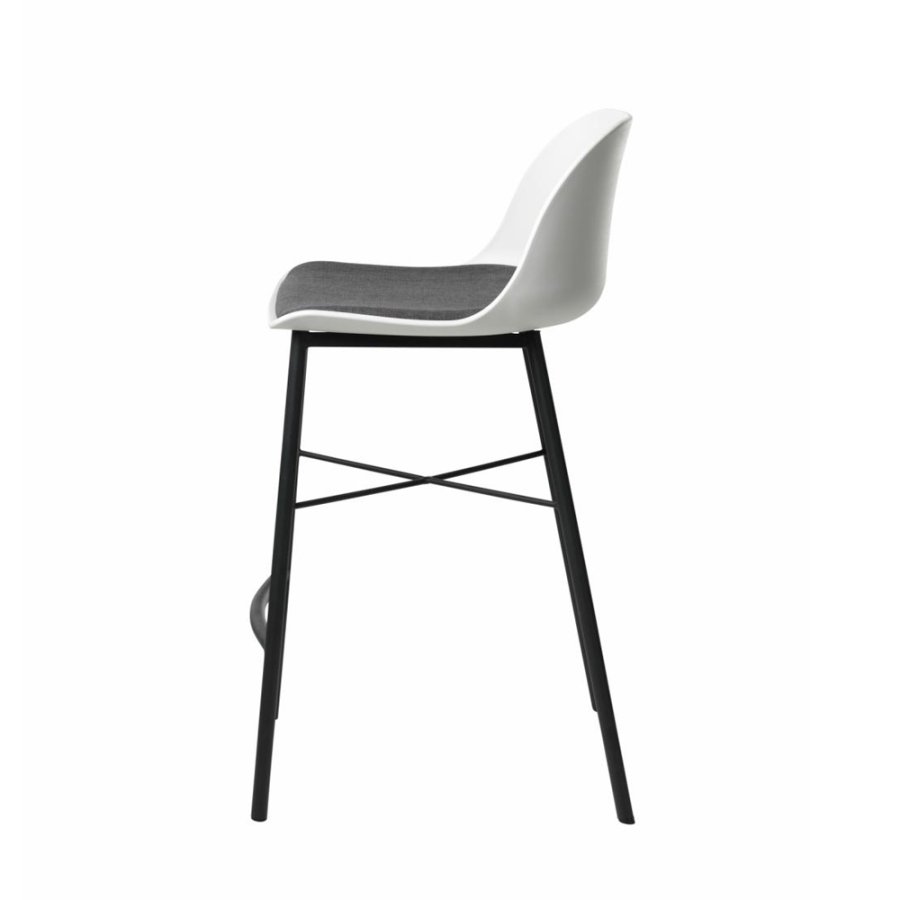 Thekenstuhl Zeni, mit Rückenlehne und Fußstütze – weißes Polypropylen und schwarzes Metall