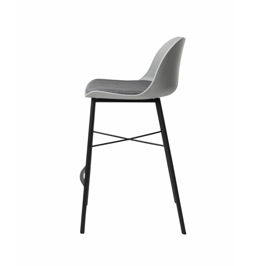 Thekenstuhl Zeni, mit Rückenlehne und Fußstütze – graues Polypropylen und schwarzes Metall