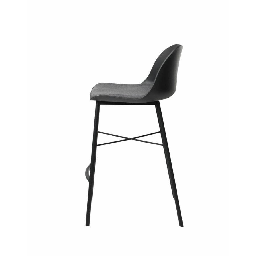 Thekenstuhl Zeni, mit Rückenlehne und Fußstütze – schwarzes Polypropylen und schwarzes Metall