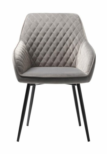 Rolig spisebordsstol, med armlener - gr polyesterflyel og sort metall