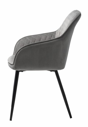 Rolig spisebordsstol, med armlener - gr polyesterflyel og sort metall