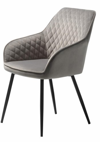 Rolig spisebordsstol, med armlener - gr polyesterflyel og sort metall