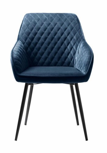 Rolig spisebordsstol, med armlener - bl polyesterflyel og sort metall