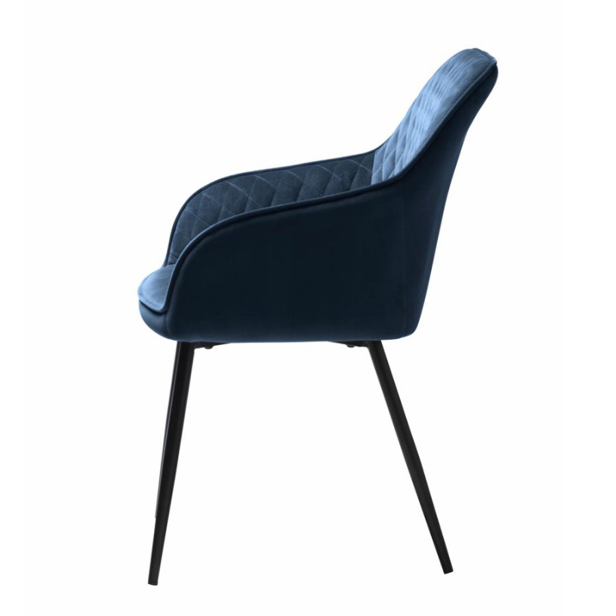 Rolig spisebordsstol, med armlener - bl polyesterflyel og sort metall