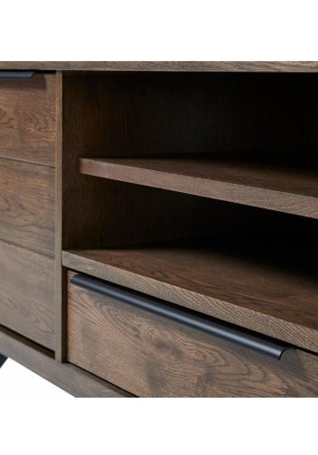 Kongelig TV-bord, m. 2 drer og 1 skuff - rkt eikefiner/eik og sort metall (169,8x42)