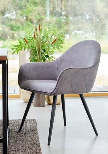 Rolig spisebordsstol, med armlener - gr polyester og sort metall