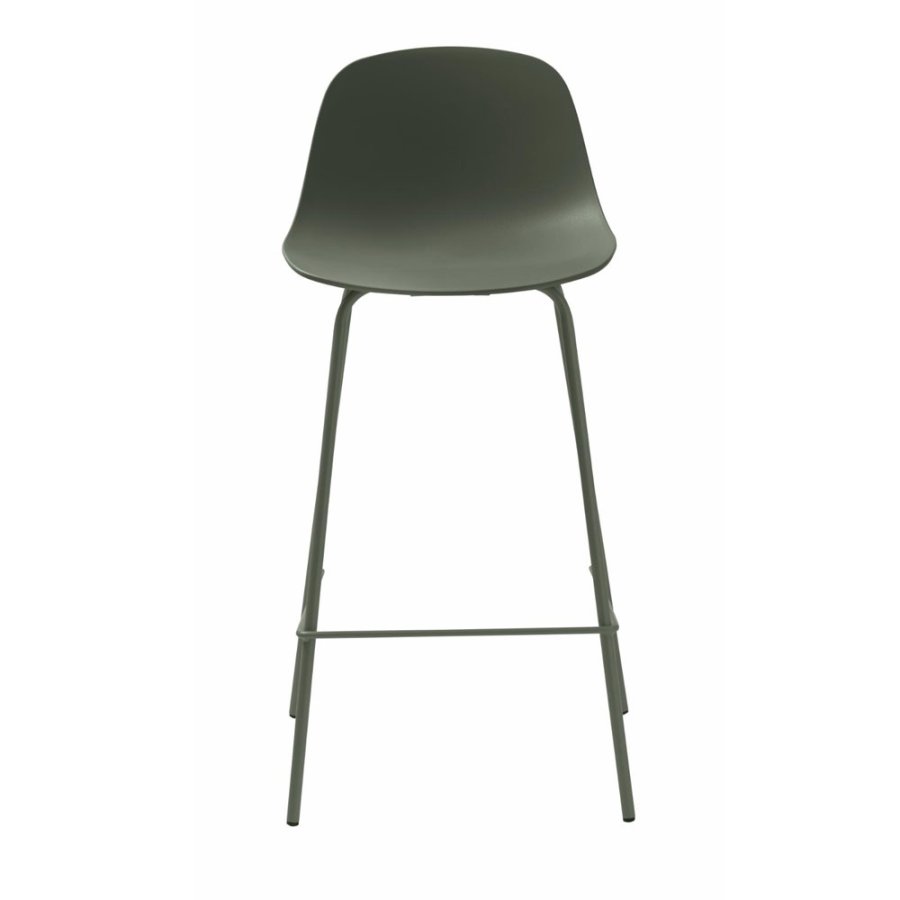 Aurora Thekenstuhl, mit Rückenlehne und Fußstütze – olivgrünes Polypropylen und Metall