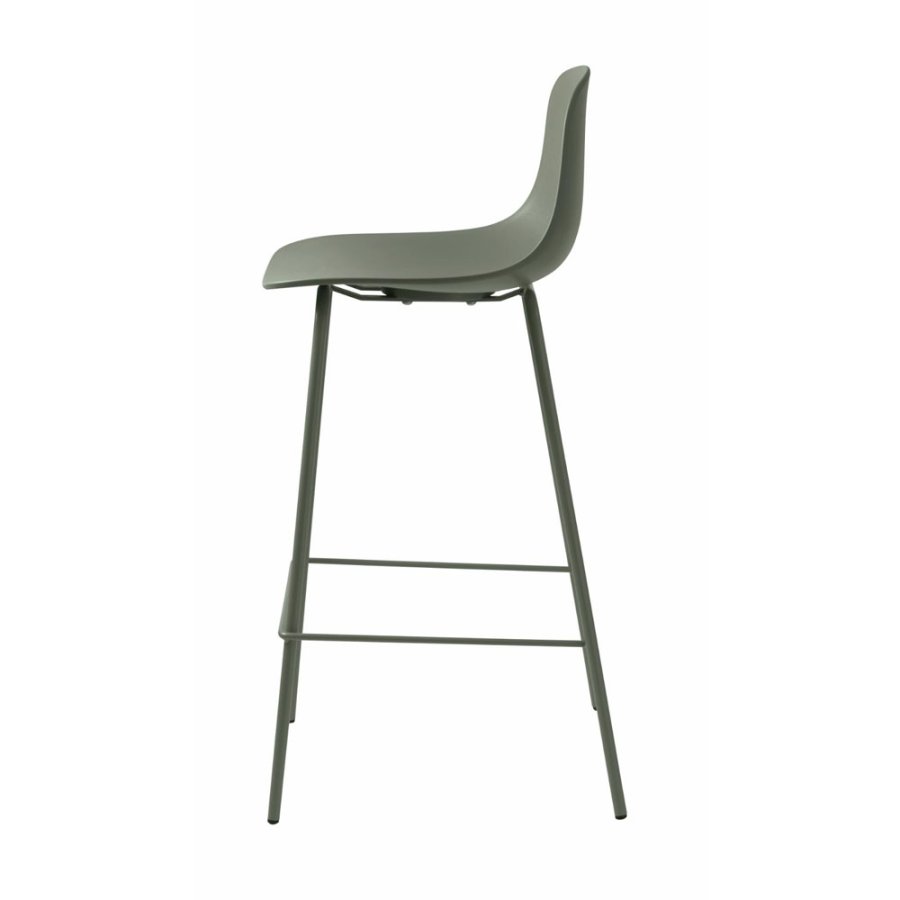 Aurora Thekenstuhl, mit Rückenlehne und Fußstütze – olivgrünes Polypropylen und Metall