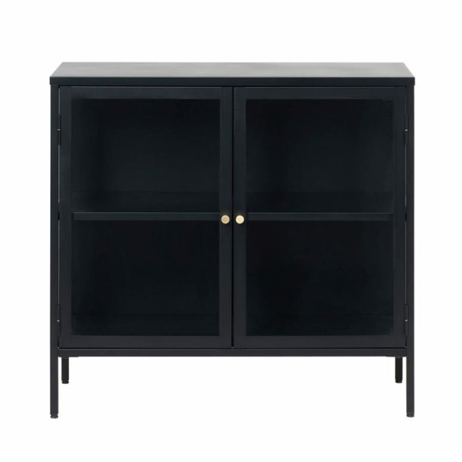 Skjenk i plysj, m. 2 drer og 1 hylle - glass og sort metall