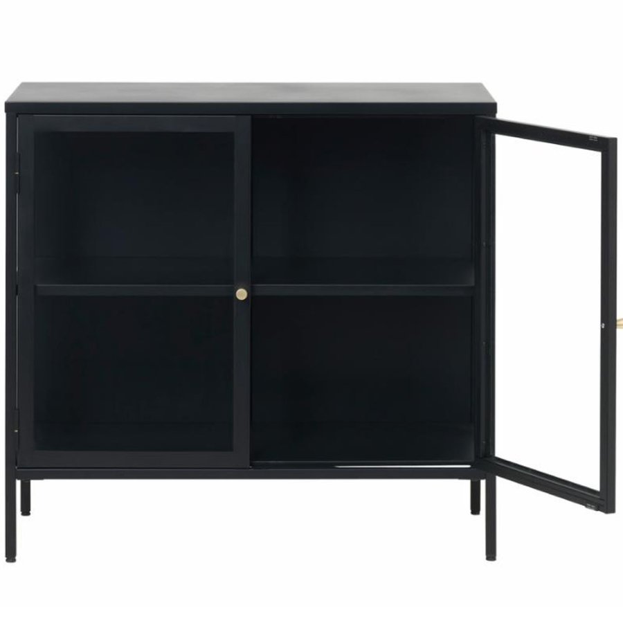 Skjenk i plysj, m. 2 drer og 1 hylle - glass og sort metall