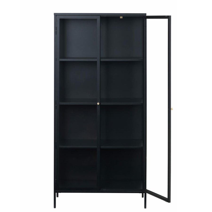 Plysjskap, m. 2 drer og 3 hyller - glass og svart metall (H:190)