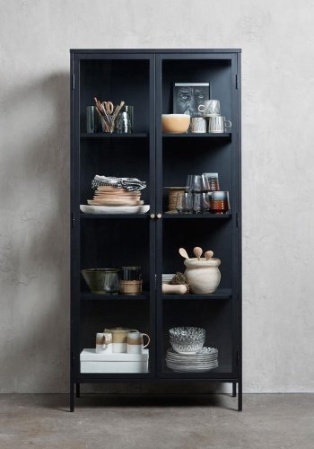 Plysjskap, m. 2 drer og 3 hyller - glass og svart metall (H:190)