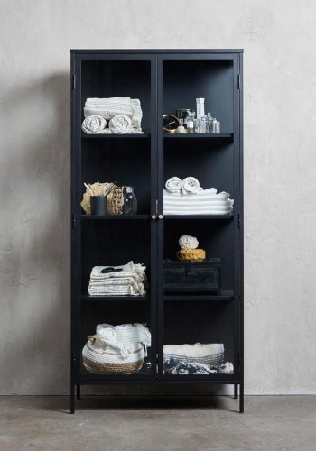 Plysjskap, m. 2 drer og 3 hyller - glass og svart metall (H:190)