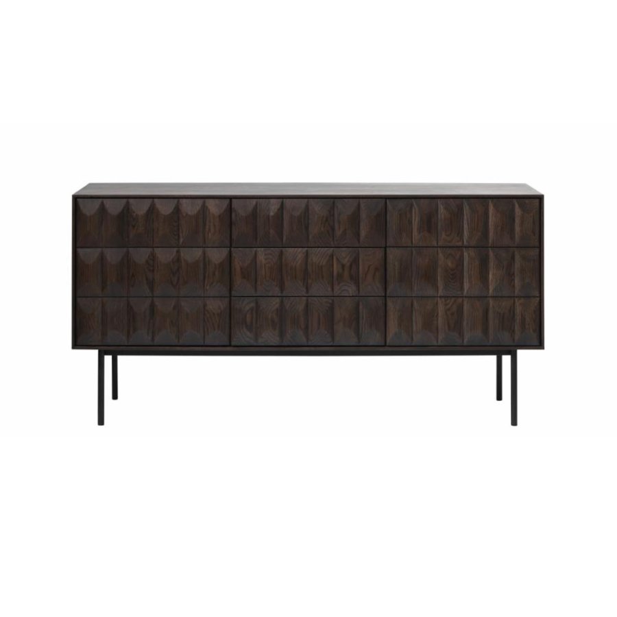 Glänzendes Sideboard mit 2 Türen, 2 Regalen und 3 Schubladen – Espresso-Eiche und schwarzes Metall