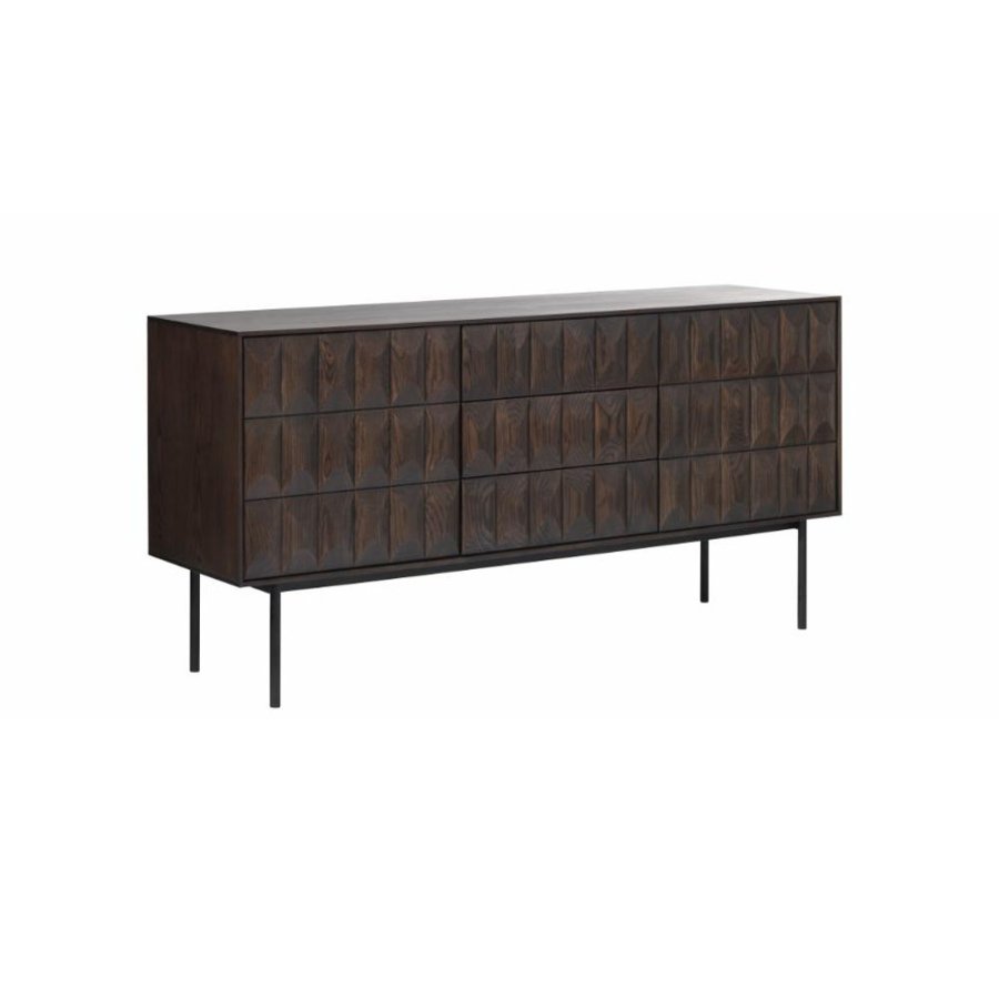 Glänzendes Sideboard mit 2 Türen, 2 Regalen und 3 Schubladen – Espresso-Eiche und schwarzes Metall