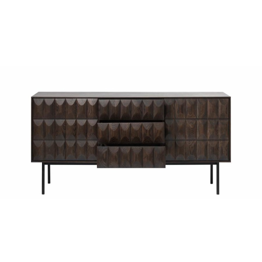 Glänzendes Sideboard mit 2 Türen, 2 Regalen und 3 Schubladen – Espresso-Eiche und schwarzes Metall