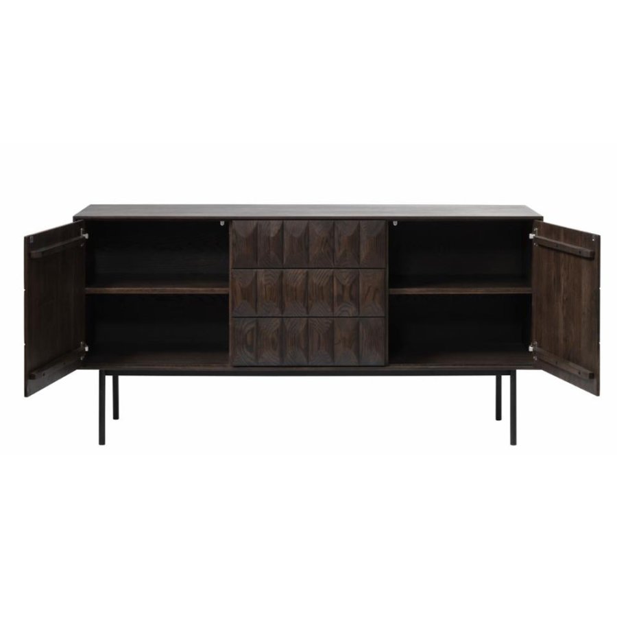 Glänzendes Sideboard mit 2 Türen, 2 Regalen und 3 Schubladen – Espresso-Eiche und schwarzes Metall