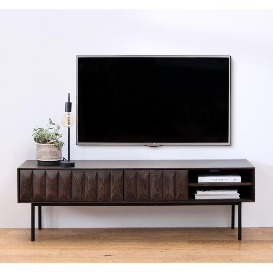 Glänzender Fernsehtisch mit 1 Regal und 2 Schubladen – Espresso-Eiche und schwarzes Metall (160 x 41)