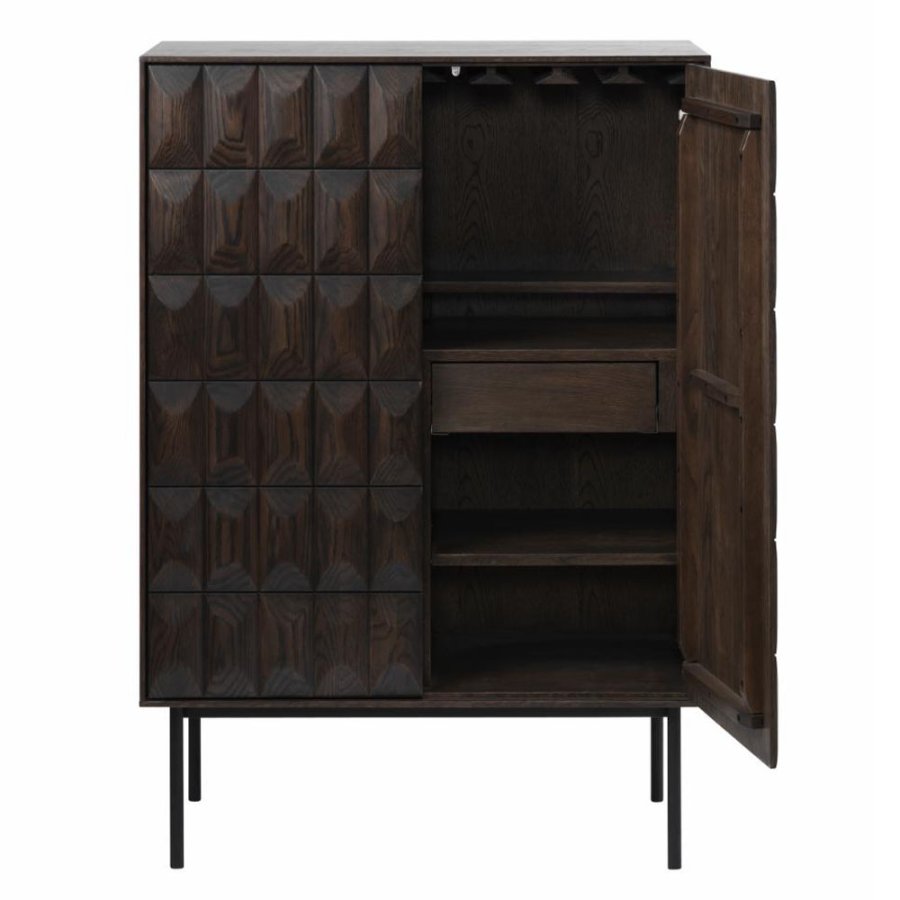 Glänzender Barschrank mit 2 Türen – Espresso-Eiche und schwarzes Metall