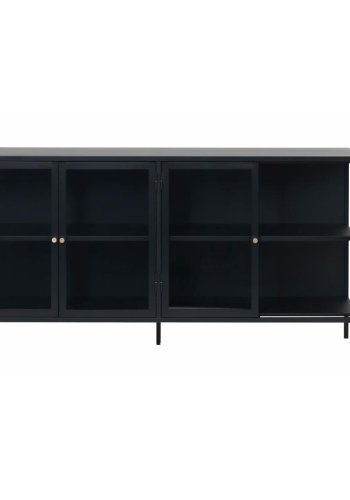 Skjenk i plysj, m. 4 drer og 1 hylle - glass og sort metall