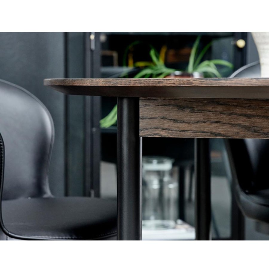 Glanzvoller Esstisch, rund – Espresso-Eiche und schwarzes Metall (120)