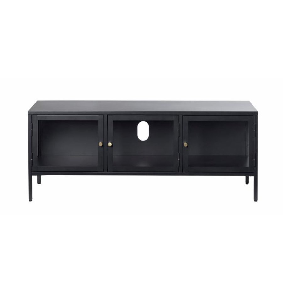 Plysj TV-bord, m. 3 drer - glass og svart metall (132x40,3)