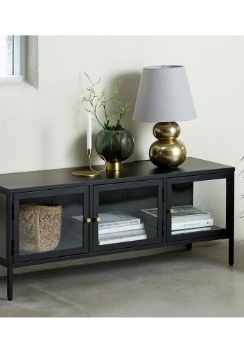 Plysj TV-bord, m. 3 drer - glass og svart metall (132x40,3)