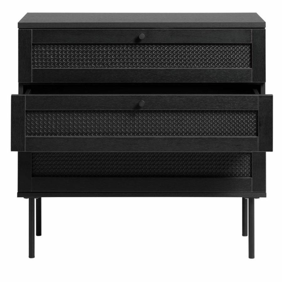 Exquisite Kommode mit 3 Schubladen – schwarzes Polyrattan und schwarzes Melamin