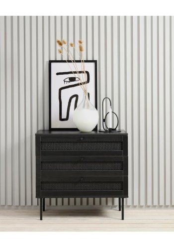 Exquisite Kommode mit 3 Schubladen – schwarzes Polyrattan und schwarzes Melamin