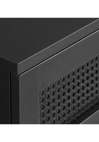 Exquisiter Fernsehtisch mit 2 Türen und 1 Ablage - schwarzes Polyrattan und schwarzes Melamin (120x40)