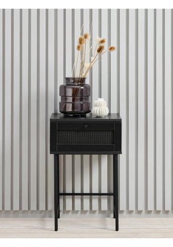 Exquisiter Beistelltisch, m. 1 Schublade - schwarzes Polyrattan und schwarzes Melamin (45x45)