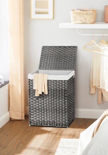 SONGMICS LCB51WG vasket�jskurv, 90L, m. l�g, h�ndtag, h�ndv�vet, sammenfoldelig, aftagelig foring - bomuld og gr� syntetisk rattan