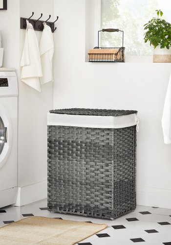 SONGMICS LCB51WG vasket�jskurv, 90L, m. l�g, h�ndtag, h�ndv�vet, sammenfoldelig, aftagelig foring - bomuld og gr� syntetisk rattan